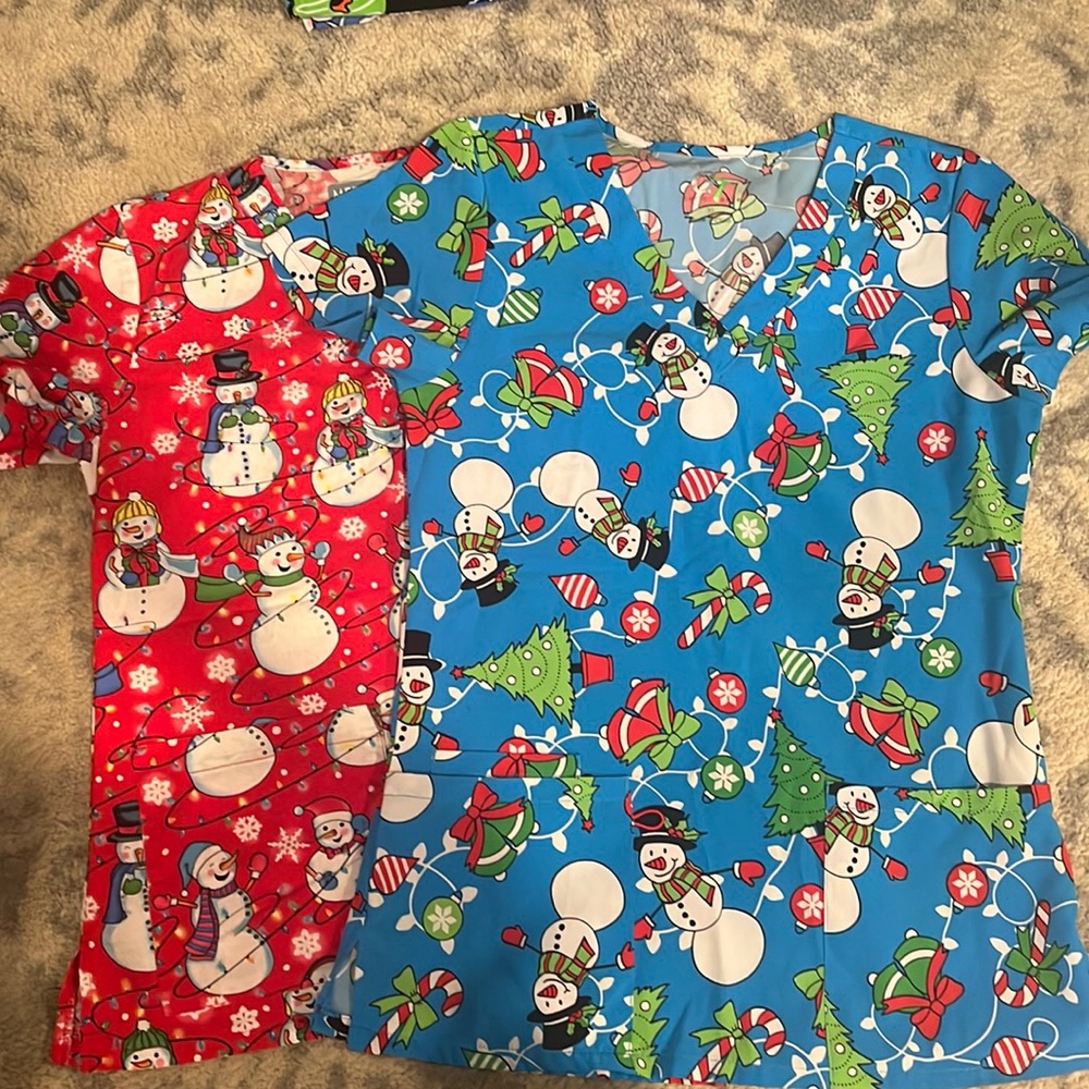 2 Snowmen Scrub Tops Red & Blue